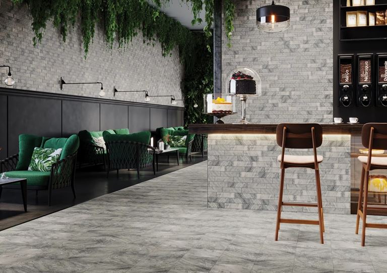 Aranżacja restauracji w szarych cegiełkach