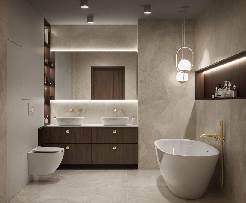 Elegancka łazienka w beżowym kamieniu