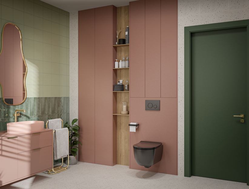 Różowo-zielona łazienka z dodatkiem wzoru lastryko