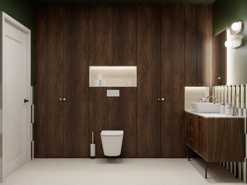 Łazienka z szachownicą i ciemną zabudową