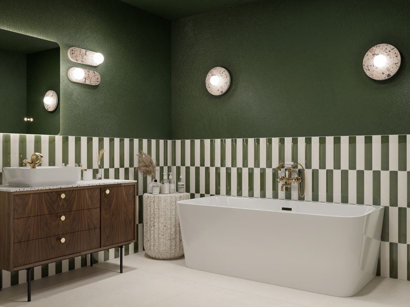Biało-zielona łazienka z wanną przyścienną