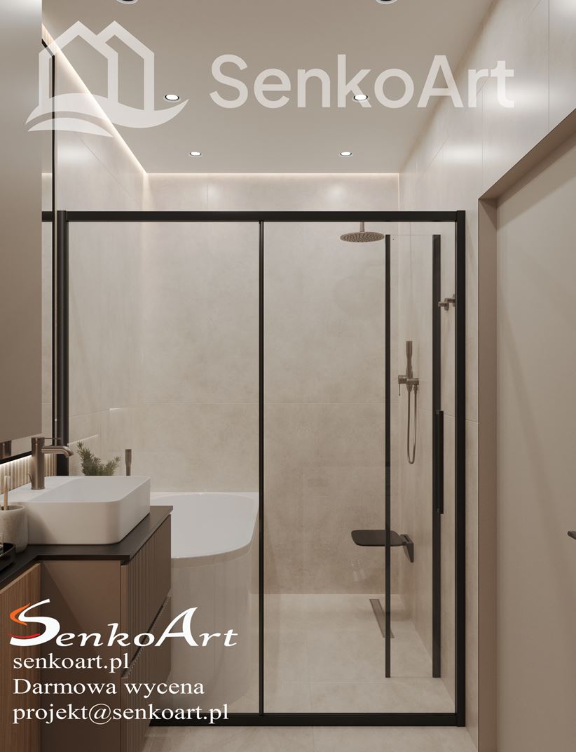 Mała łazienka z wanna i prysznicem za drzwiami przesuwnymi