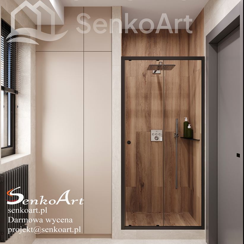 Mała łazienka z wnęką prysznicową w drewnopodobnych płytkach