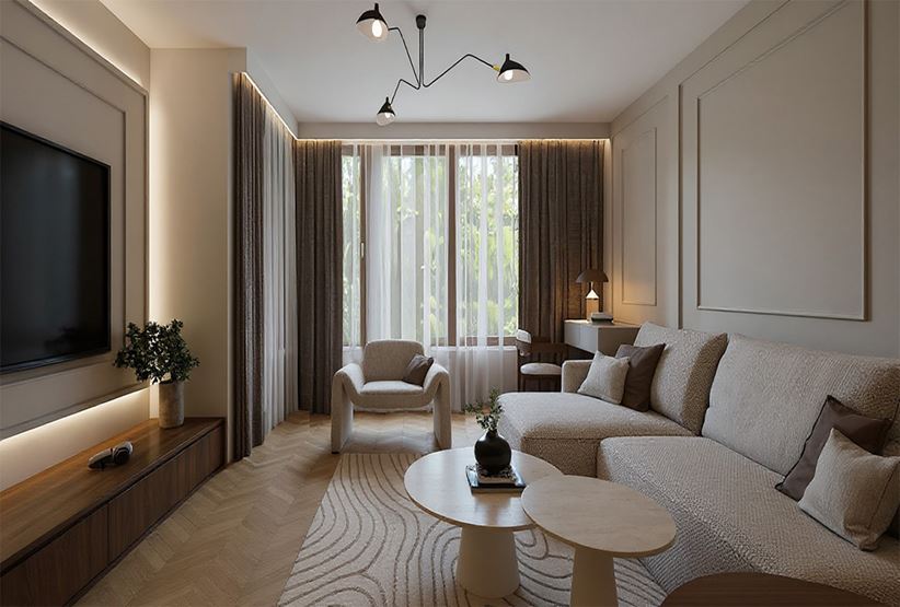 Kremowy salon z klasycznymi sztukateriami
