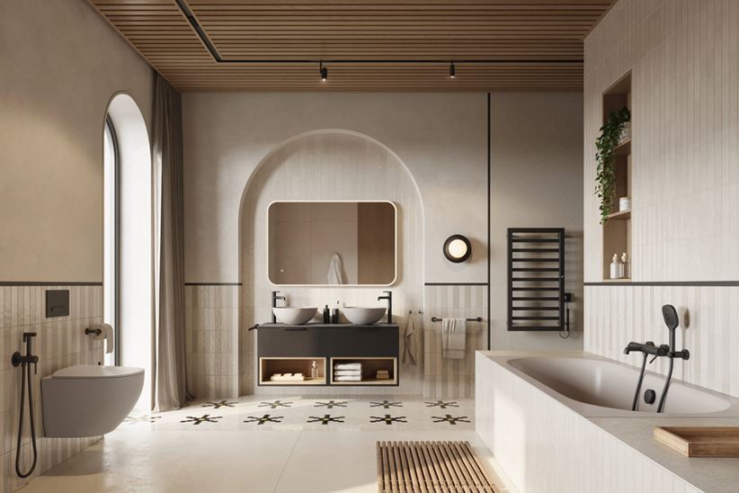 Duża łazienka w beżach z cegiełkową ścianą