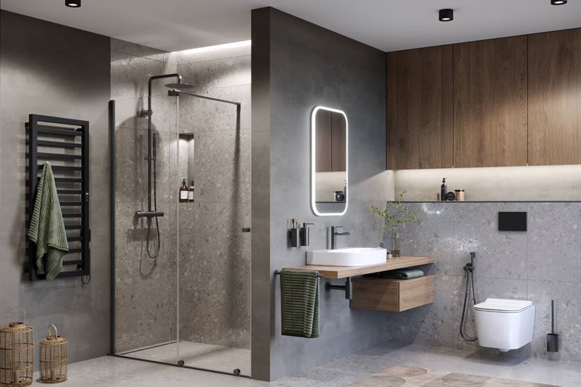 Beton i szare lastryko w łazience z kabiną wnękową