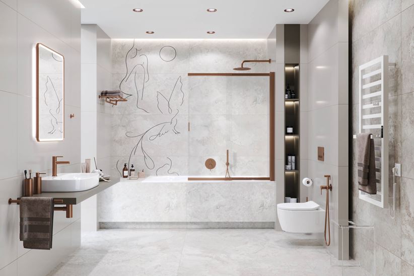 Szara łazienka w kamieniu z miedzianymi akcentami z wanną z parawanem