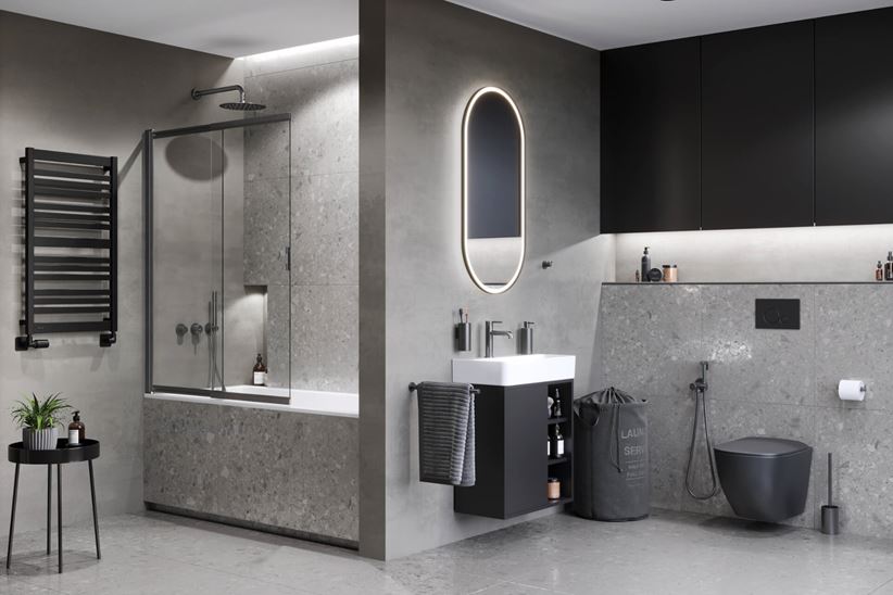 Łazienka w szarym lastryko z wanną z parawanem