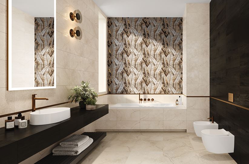 Liściaste dekory w beżowo-brązowej łazience