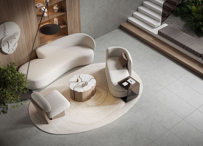 Szary salon z oryginalnymi meblami