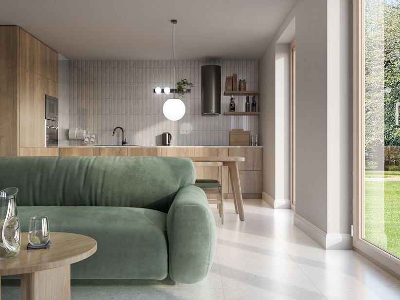 Kuchnia z perłową cegiełką otwarta na salon