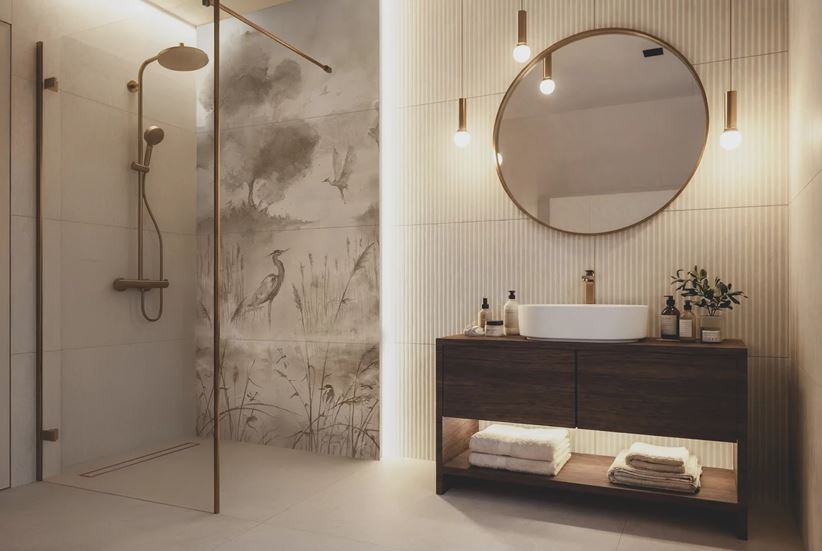 Jasnobeżowa łazienka z kabiną walk-in w dekorach
