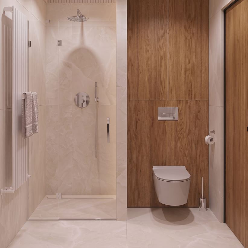 Beżowy kamień w łazience z drewnianą zabudową WC