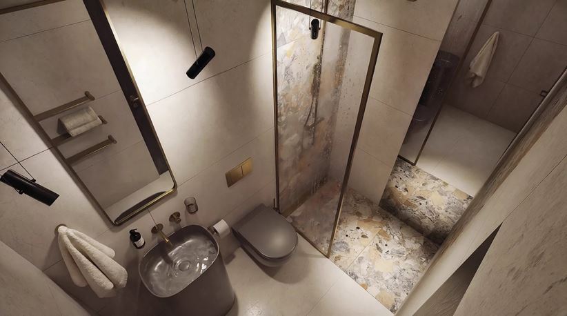 Jasna łazienka z kabiną walk-in w kamieniu