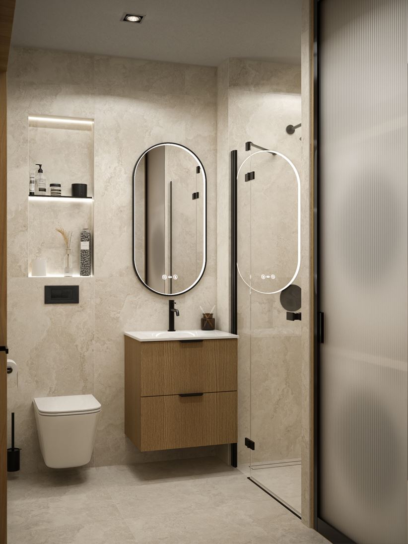 Matowy kamień w jasnym kolorze w aranżacji łazienki