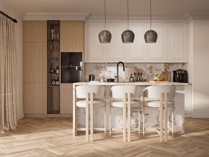 Kuchnia z biało-brązową zabudową i wyspą w kamieniu