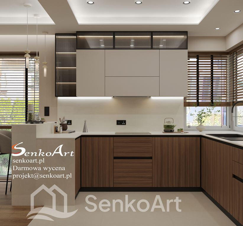 Kuchnia z narożnym oknem i witrynkami z ryflowanego szkła