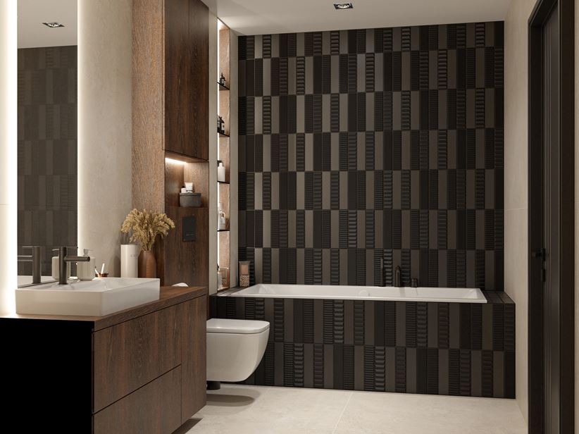 Łazienka z wanną prostokątną w czarnych cegiełkach