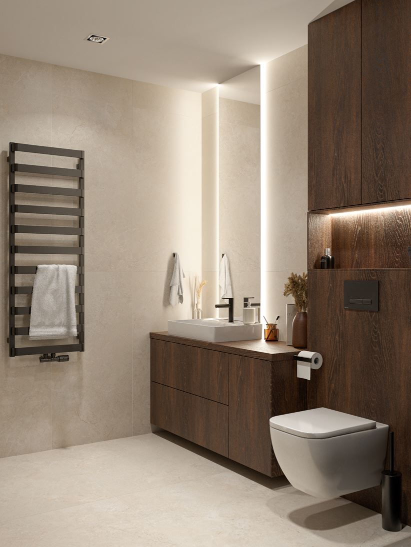 Kremowa łazienka z ciemną zabudową w drewnie