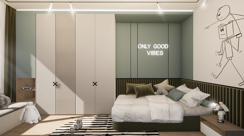 Szarość i szałwiowa zieleń w aranżacji dziecięcej sypialni