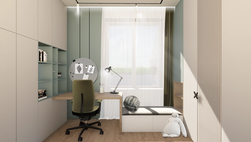 Szaro-zielona strefa do nauki przy oknie