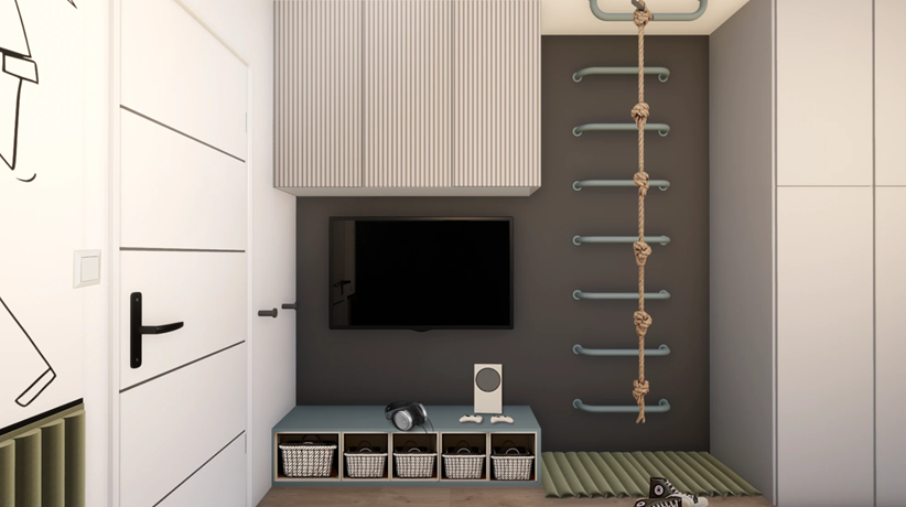 Drabinki i telewizor na ścianie w pokoju dziecięcym