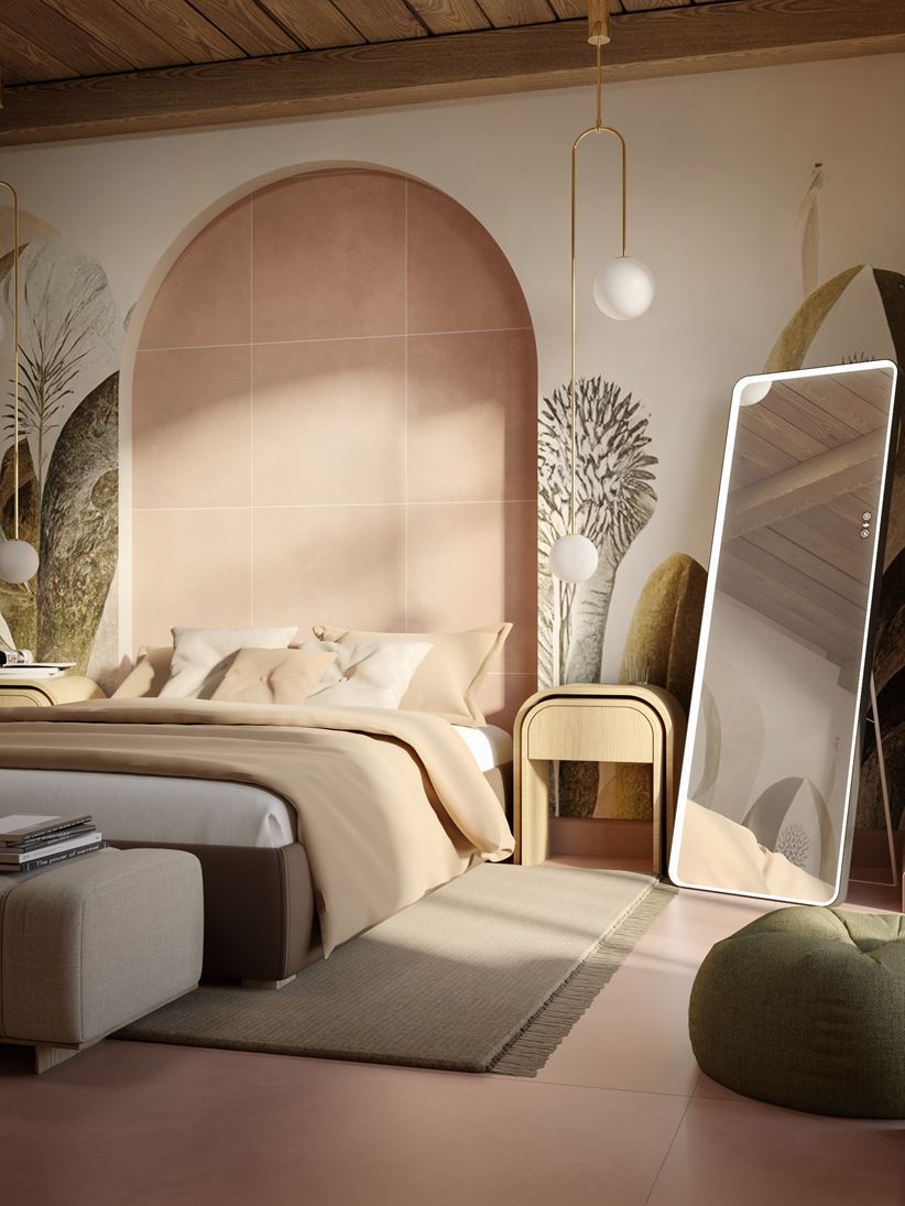 Naturalna sypialnia z łukową ścianą