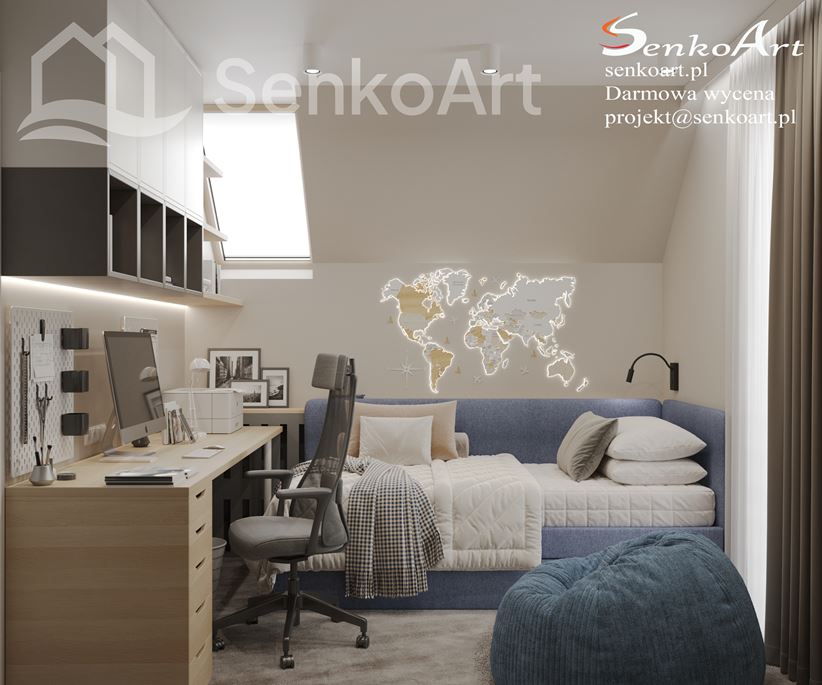 Pokój ucznia na poddaszu z dużym miejscem do pracy i łóżkiem