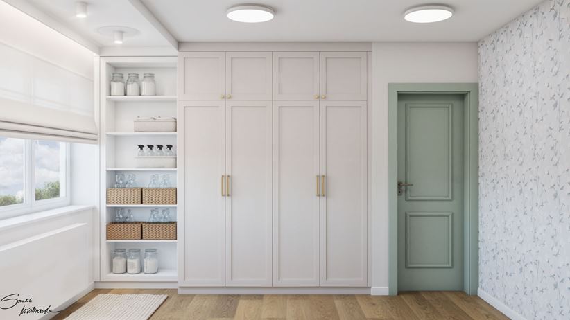 Przestronna pralnia z drewnianą podłogą i wzorzystą tapetą