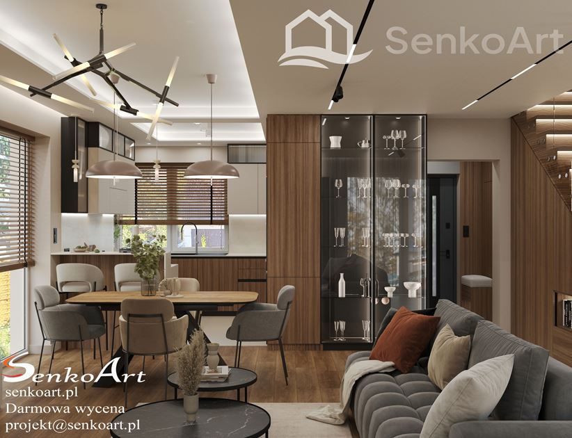 Salon z jadalnią i dużym, przeszklonym regałem