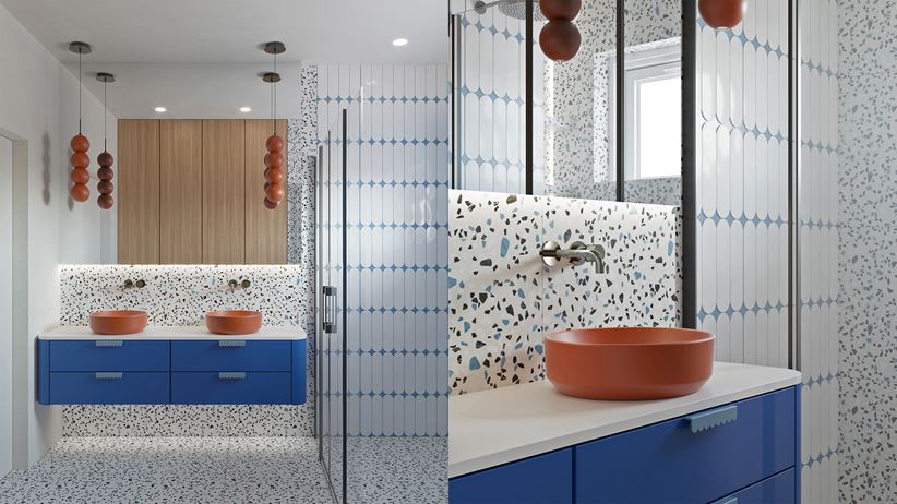 Biało-pomarańczowo-niebieska łazienka