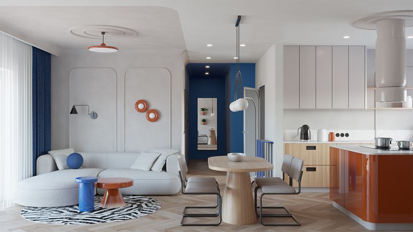 Strefa dzienna w stylu dopamine decor