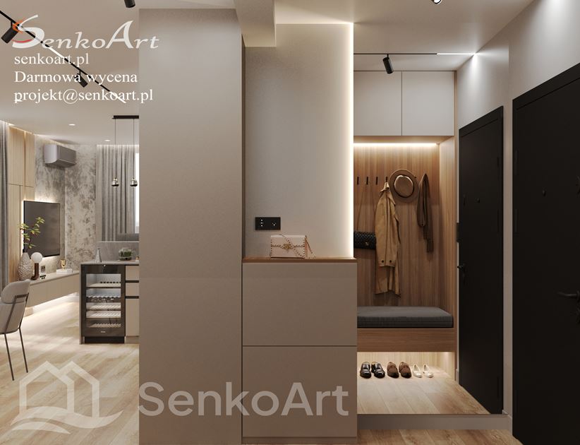 Zabudowa przedpokoju z lustrem i podświetleniami