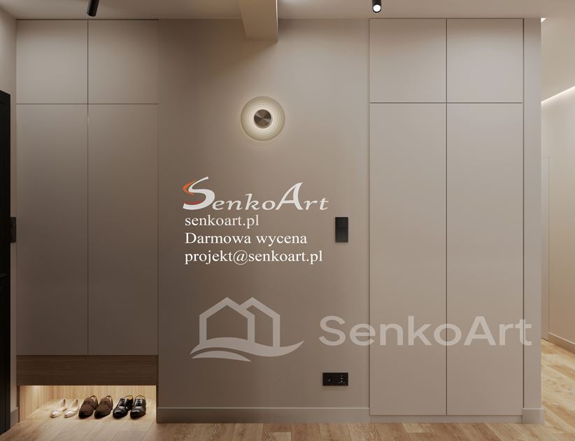 Szary, długi przedpokój z szarymi szafami z wnęka na buty