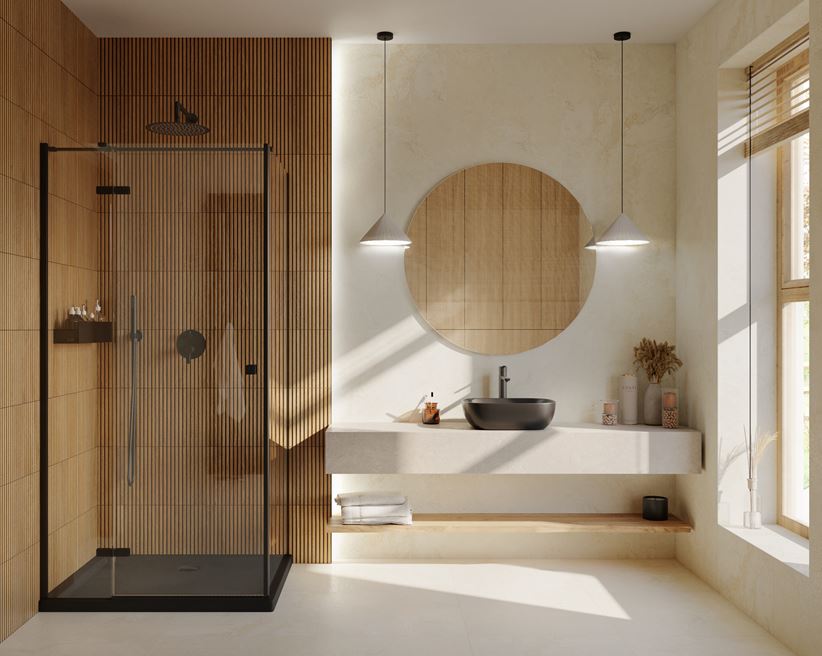 Lamele i jasny kamień w łazience z kabiną narożną
