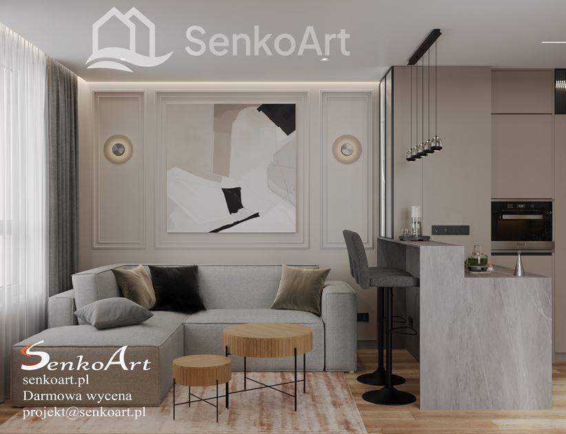 Strefa dzienna z salonem i kuchnią z barem śniadaniowym