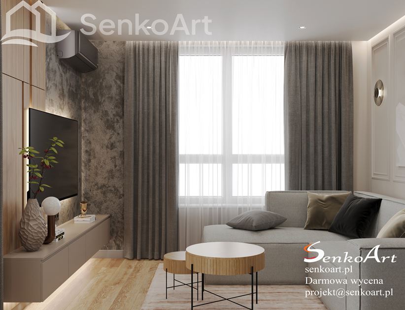 Salon z betonem i sztukateriami