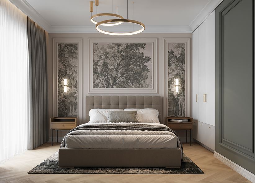 Sypialnia modern classic ze sztukateriami i tapetą