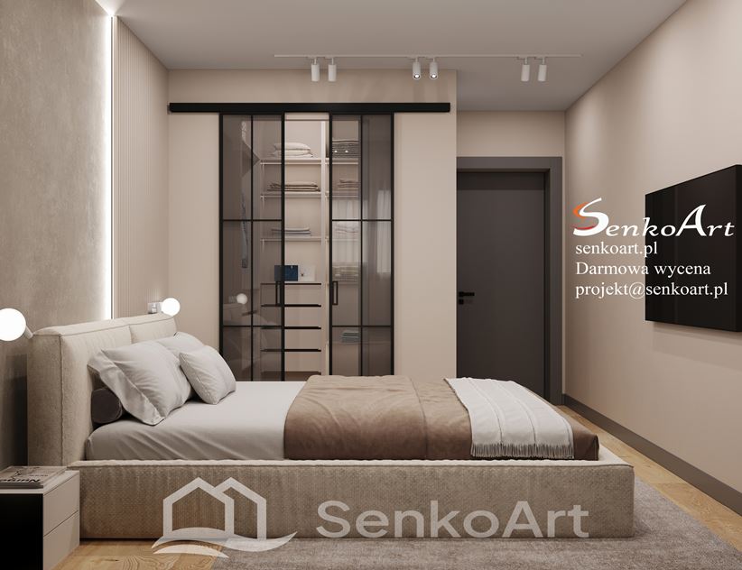 Sypialnia z garderobą, utrzymane w szarości