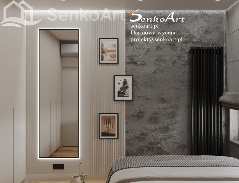 Aranżacja sypialni z betonową ścianą i białym panelem ze strukturą