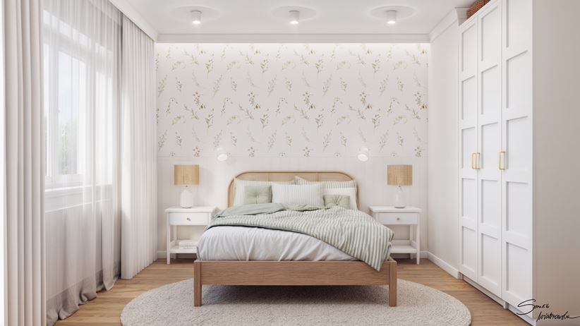 Jasna sypialnia z wzorzystą tapetą