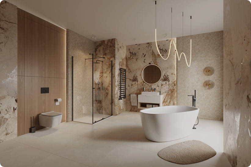 Łazienka z wanną wolnostojącą w kamieniu i mozaice