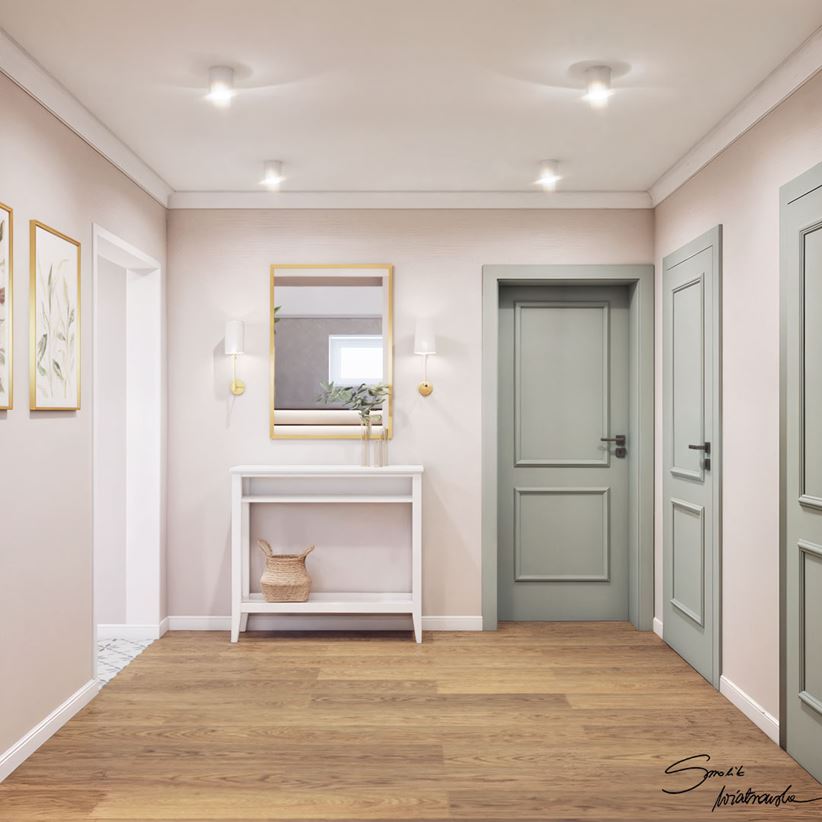 Elegancki przedpokój z zielonymi drzwiami