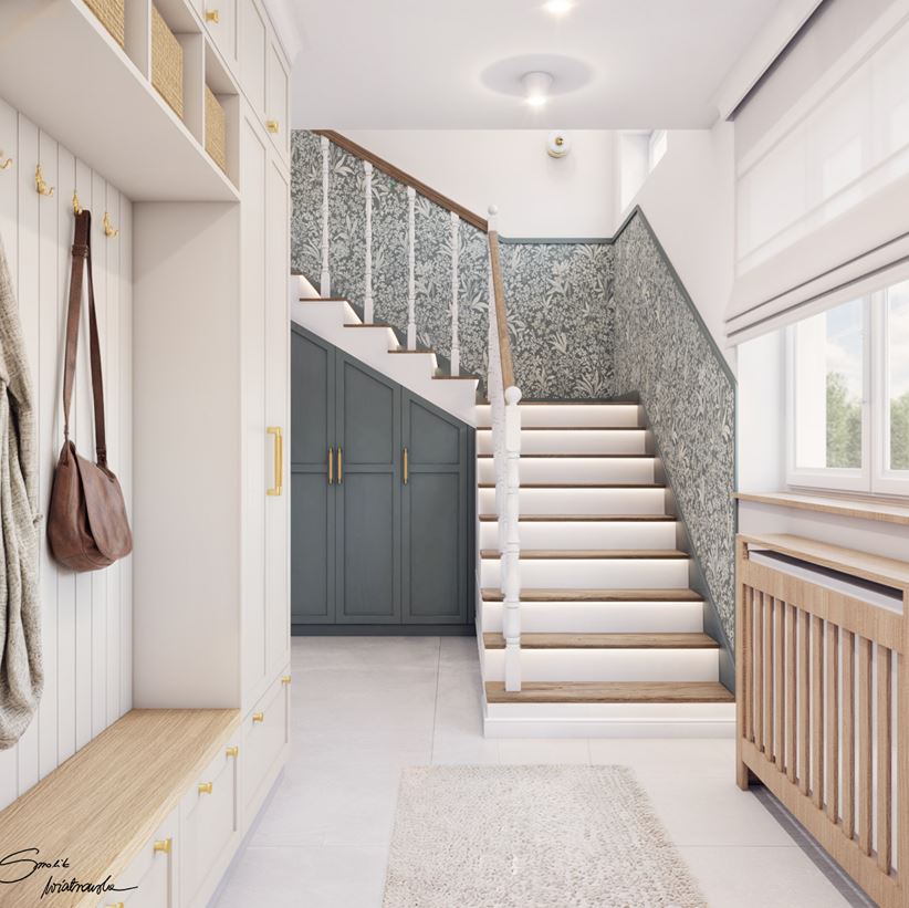 Szary wiatrołap z drewniano-białymi schodami