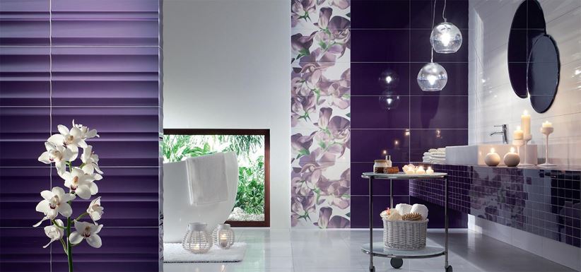 Fioletowa łazienka z kwiatowym akcentem- Tubądzin Colour Violet