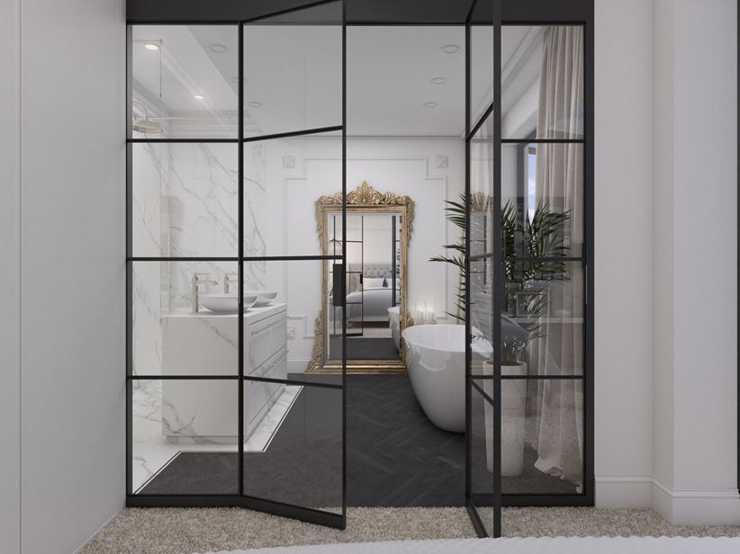 Luksusowo eklektyczna łazienka w czerni i bieli