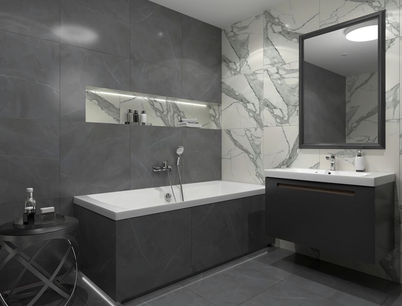 Łazienka w kolekcjach Tubądzin Specchio Carrara oraz Gray Pulpis