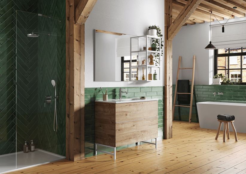Zielone kafelki i drewno w stylowej łazience Elita Look