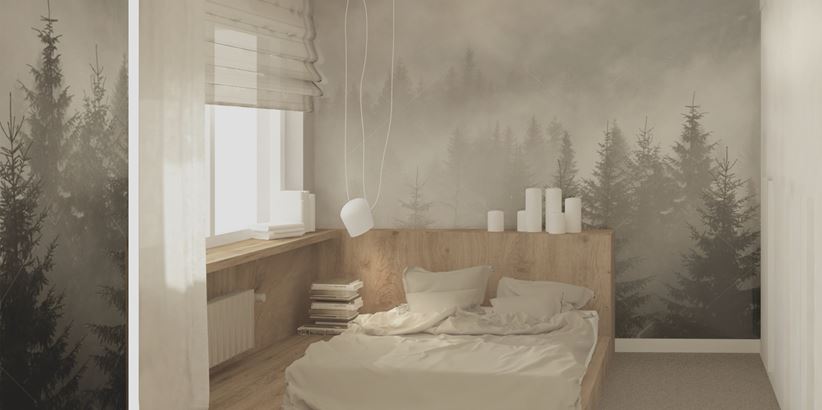 Biała sypialnia z dekoracyjną tapetą