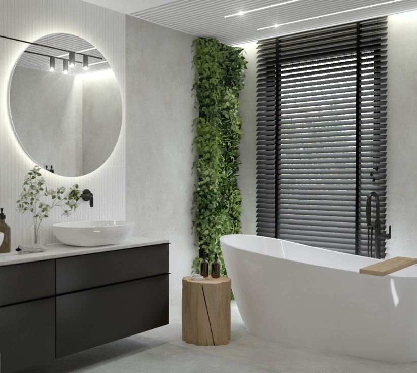 Biało-szara łazienka z akcentem naturalnej zieleni